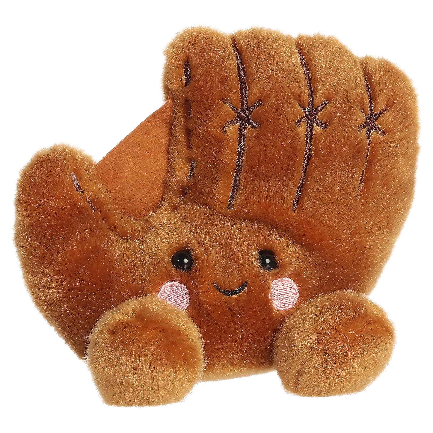 Palm Pals Tag Baseball Glove, a small golden-brown plush shaped like a baseball glove with stitched detailing and a sweet smiling face.