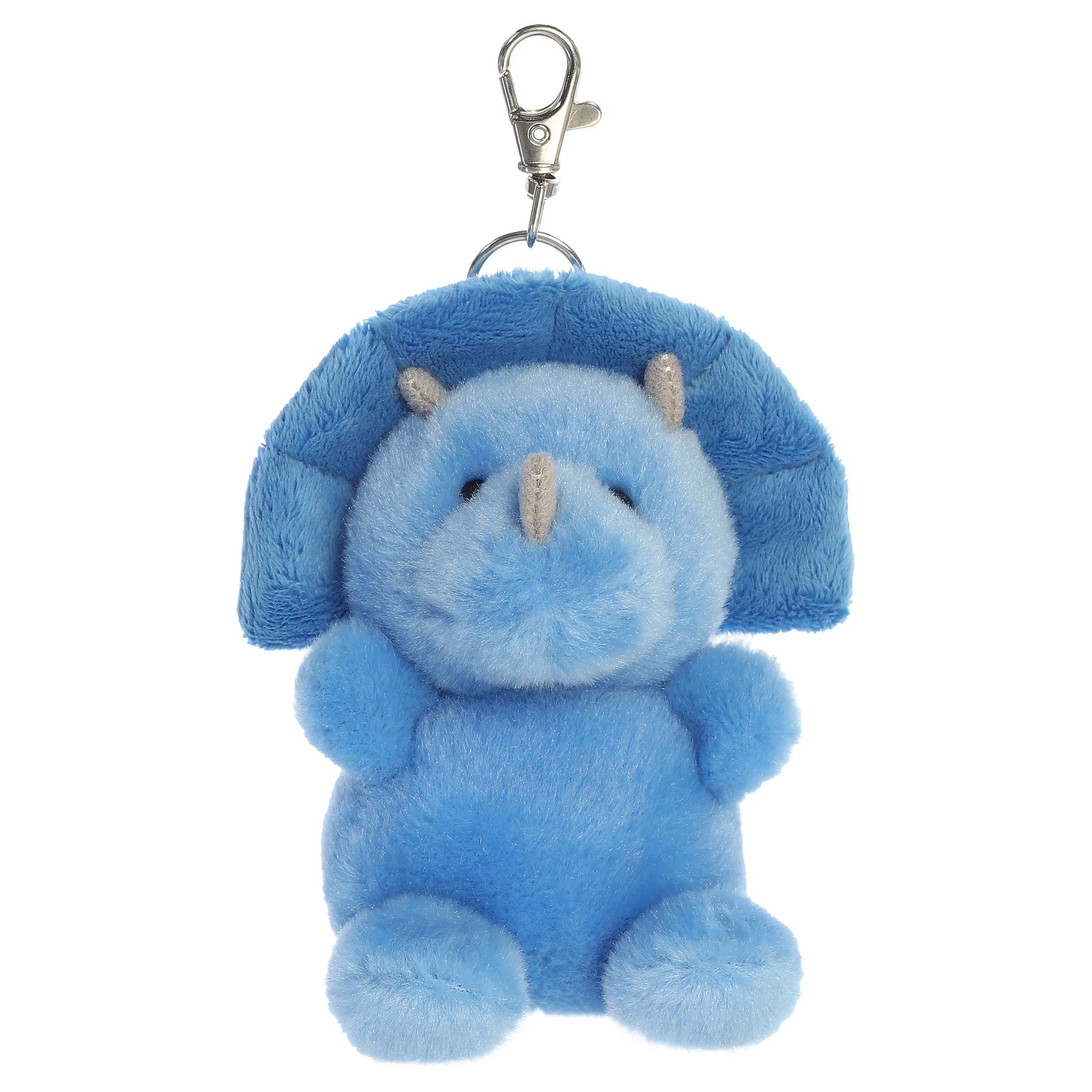Palm Pals Tank Triceratops Clip-On plush toy featuring soft sky-blue fur, three grey horns, and a metal keychain clip.