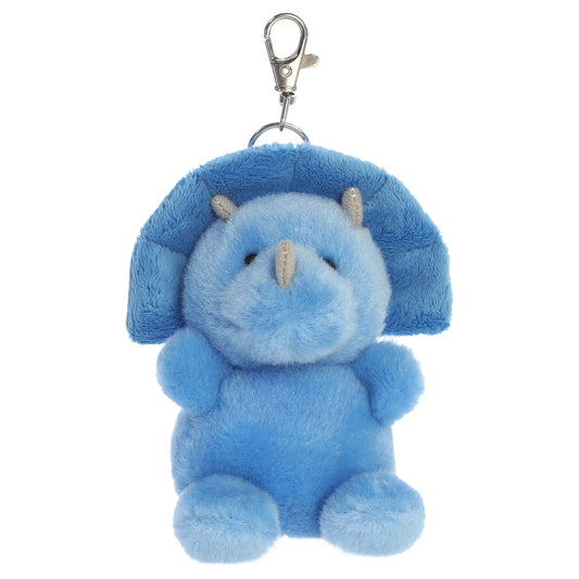 Palm Pals Tank Triceratops Clip-On plush toy featuring soft sky-blue fur, three grey horns, and a metal keychain clip.