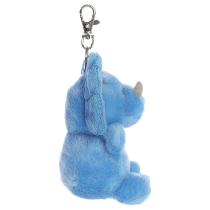 Palm Pals Tank Triceratops Clip-On plush toy featuring soft sky-blue fur, three grey horns, and a metal keychain clip.