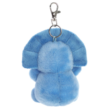 Palm Pals Tank Triceratops Clip-On plush toy featuring soft sky-blue fur, three grey horns, and a metal keychain clip.