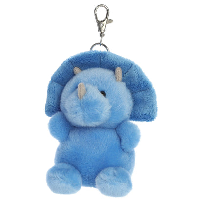 Palm Pals Tank Triceratops Clip-On plush toy featuring soft sky-blue fur, three grey horns, and a metal keychain clip.