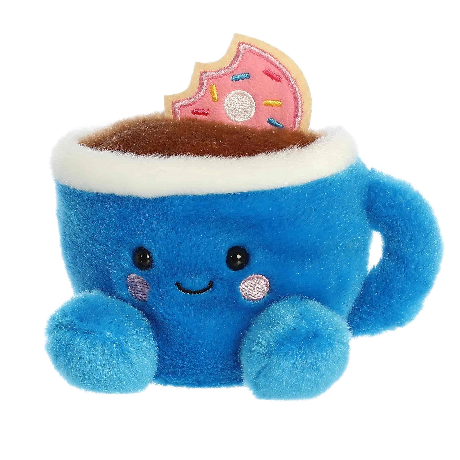 Angled view of Palm Pals Tariq Coffee & Donut 5-inch plush soft toy