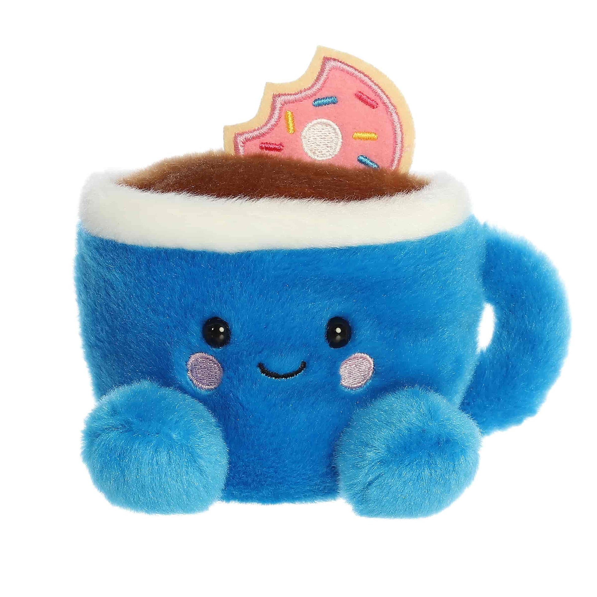 Palm Pals Tariq Coffee & Donut 5-inch plush soft toy, a blue coffee mug with a pink donut and a happy face.