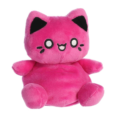 Angled view of Palm Pals Tasty Peach Cosmic Purple Meowchi 5-inch plush soft toy