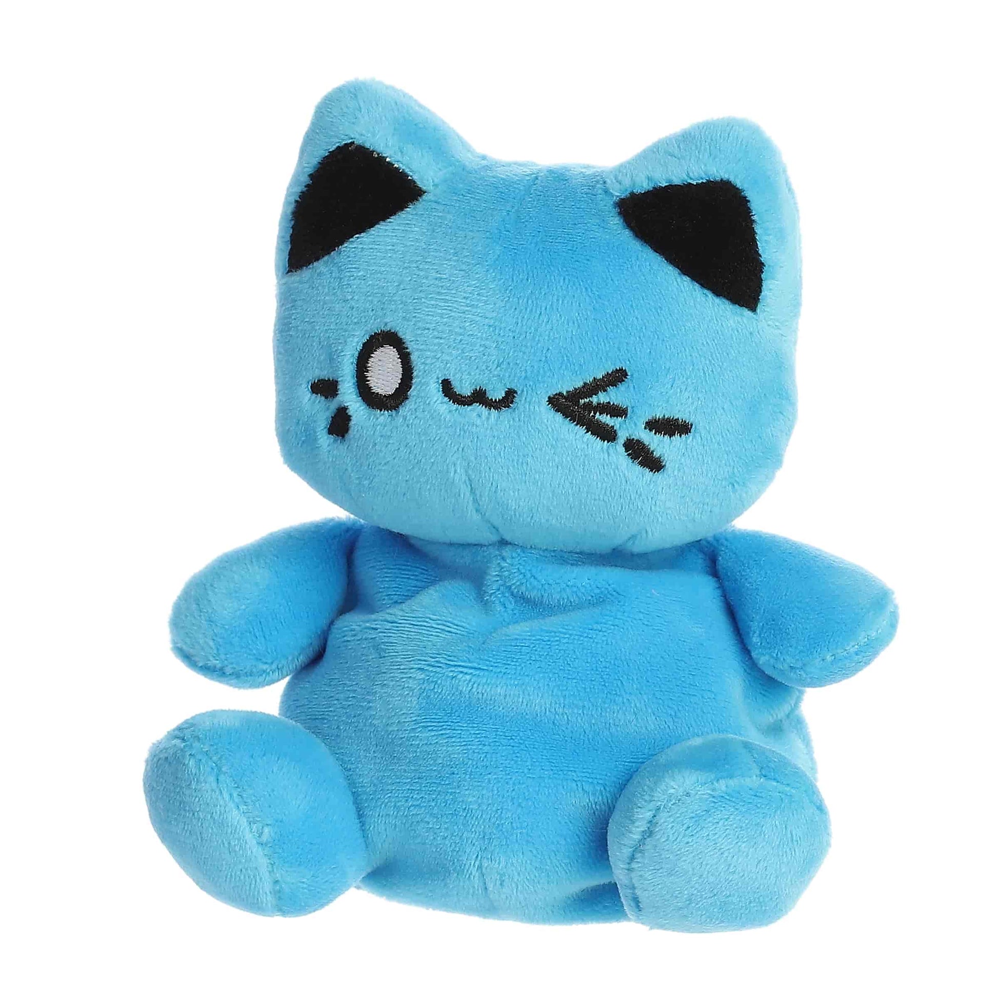 Angled view of Palm Pals Tasty Peach Electric Blue Meowchi 5-inch plush soft toy