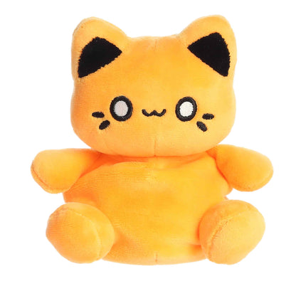 Palm Pals Tasty Peach Kinetic Orange Meowchi 5-inch plush soft toy, a bright orange cat with black ears and a happy embroidered face.