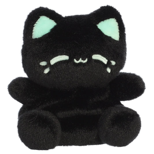 Palm Pals Tasty Peach Mint Black Out Meowchi plush toy with deep black fur, vibrant mint-green inner ears, and matching blushing cheeks
