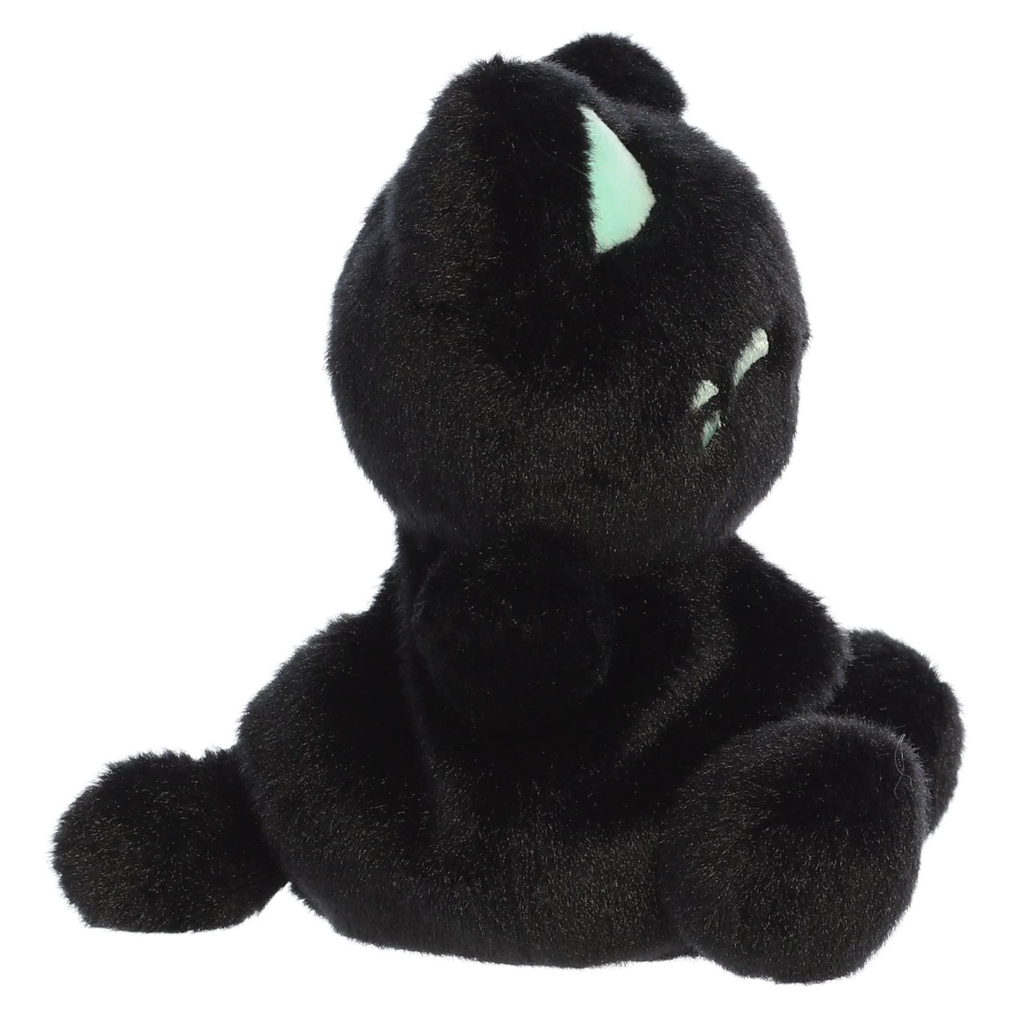 Palm Pals Tasty Peach Mint Black Out Meowchi plush toy with deep black fur, vibrant mint-green inner ears, and matching blushing cheeks