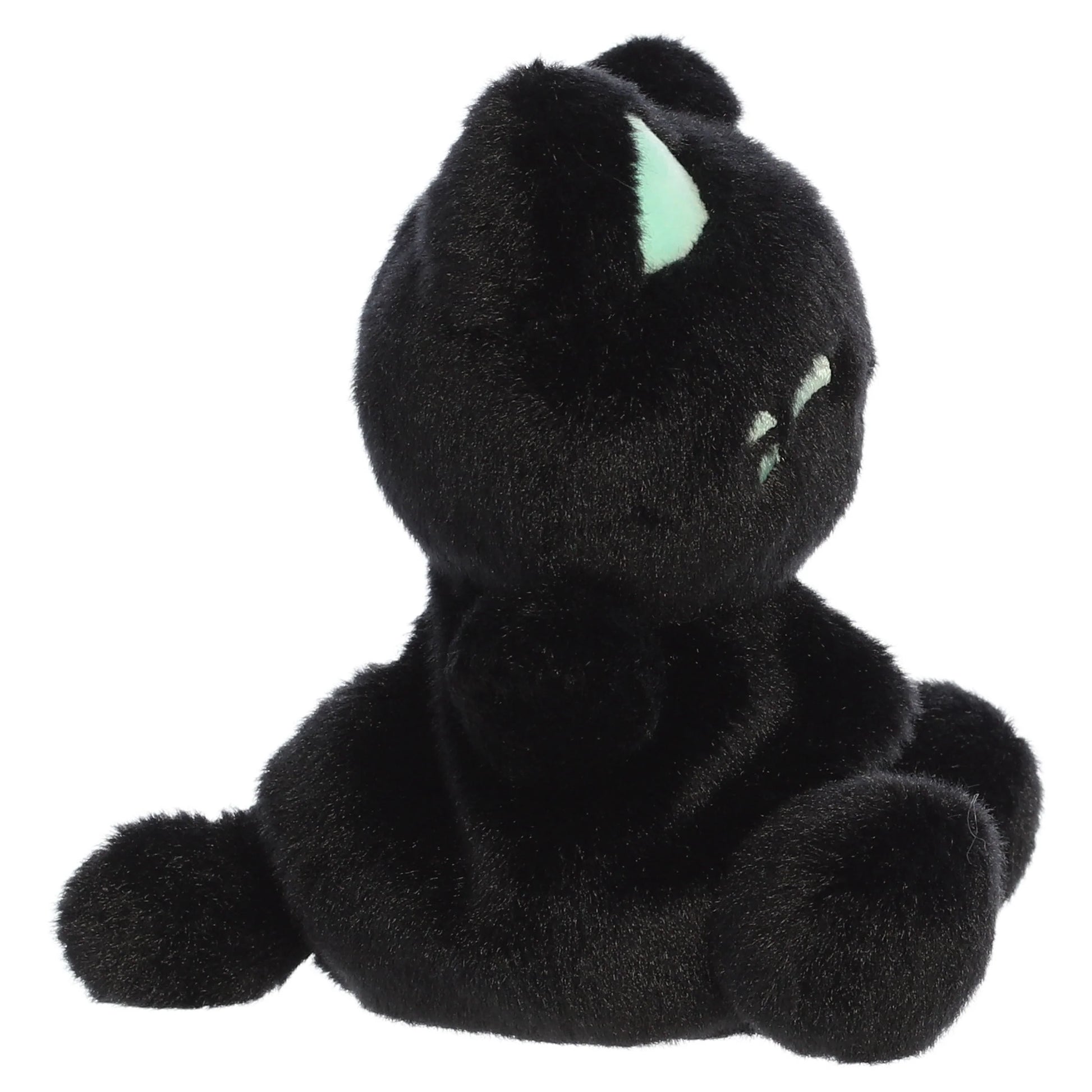 Palm Pals Tasty Peach Mint Black Out Meowchi plush toy with deep black fur, vibrant mint-green inner ears, and matching blushing cheeks