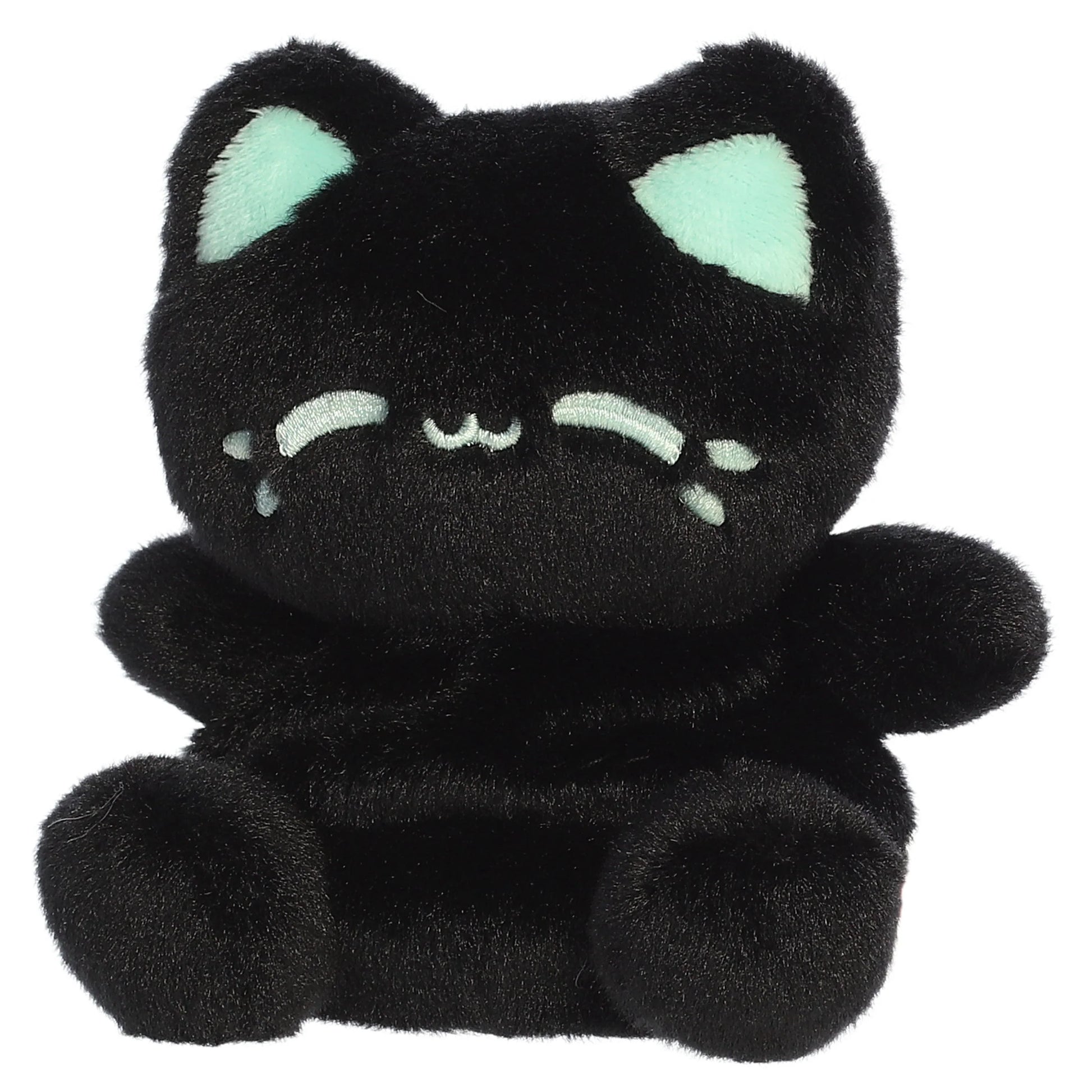 Palm Pals Tasty Peach Mint Black Out Meowchi plush toy with deep black fur, vibrant mint-green inner ears, and matching blushing cheeks