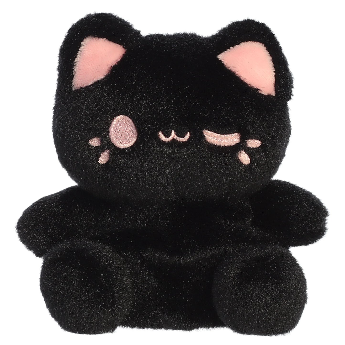 Palm Pals Tasty Peach Strawberry Black Out Meowchi plush toy with a soft black body, playful pink inner ears, and a winking embroidered smile