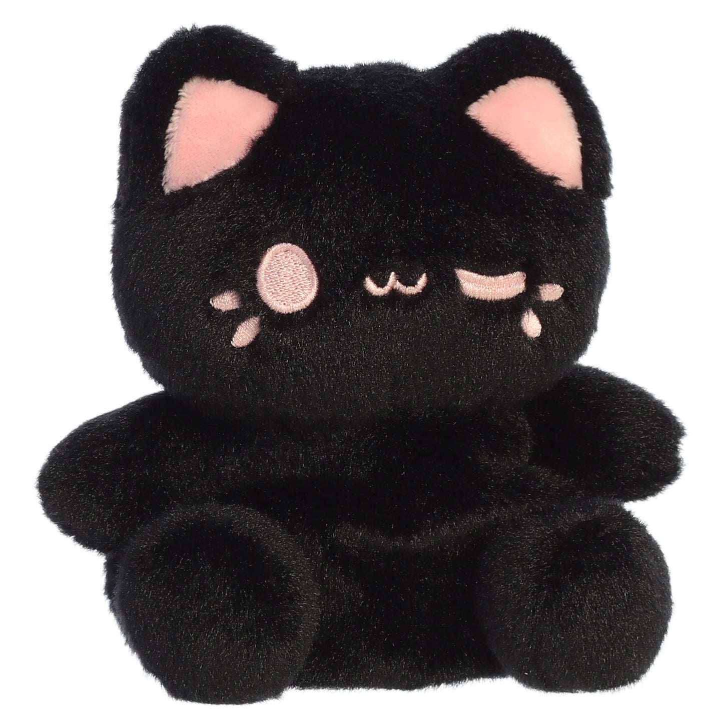 Palm Pals Tasty Peach Strawberry Black Out Meowchi plush toy with a soft black body, playful pink inner ears, and a winking embroidered smile