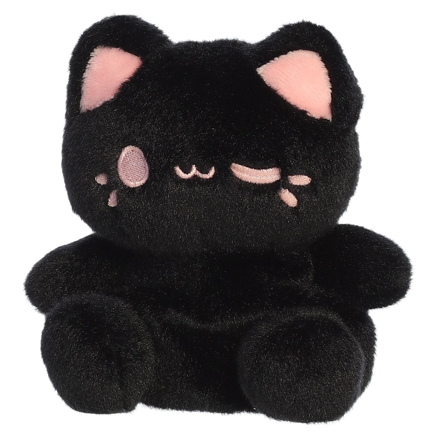 Palm Pals Tasty Peach Strawberry Black Out Meowchi plush toy with a soft black body, playful pink inner ears, and a winking embroidered smile