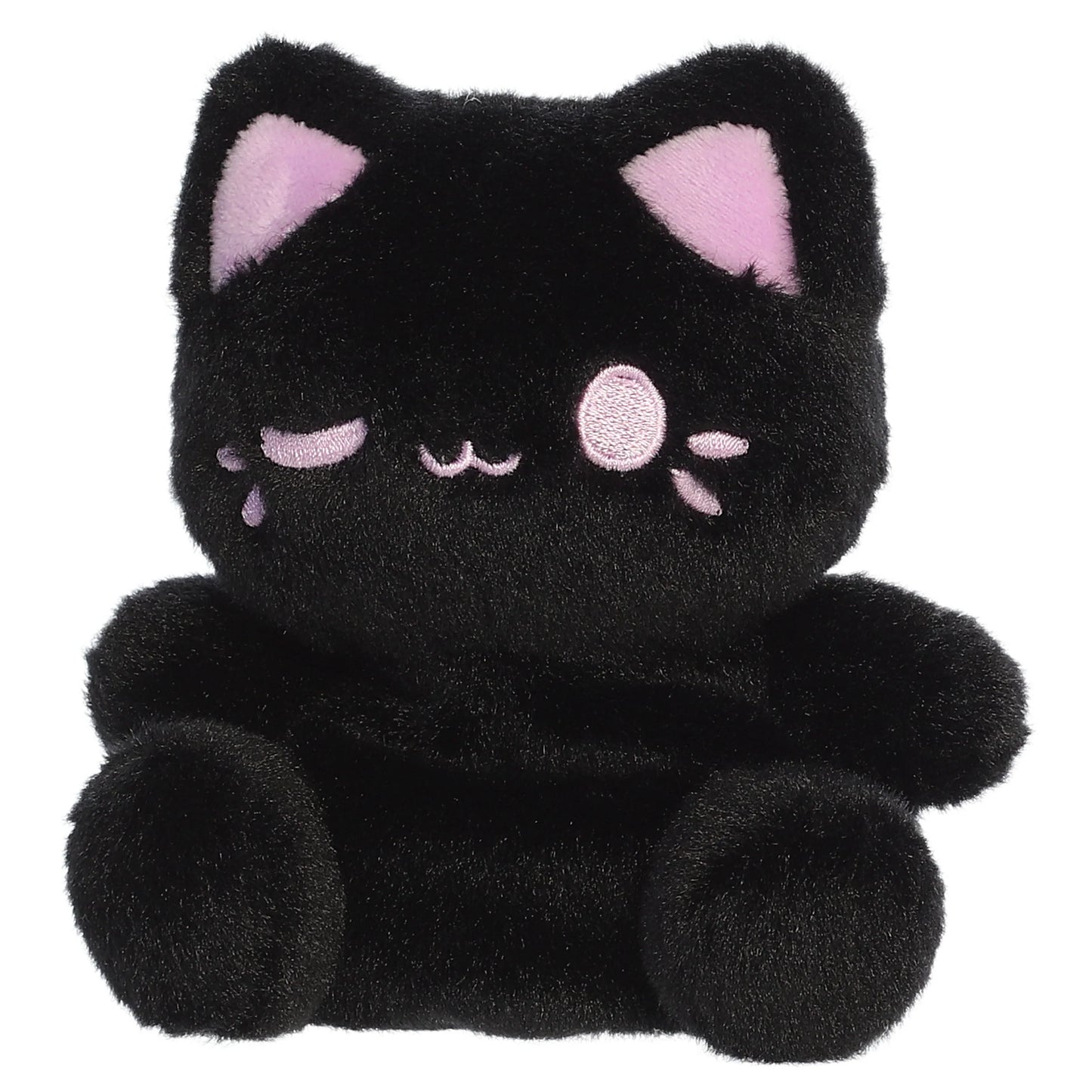 Palm Pals Tasty Peach Taro Black Out Meowchi plush toy with a black body, taro-purple wink, and matching inner ears