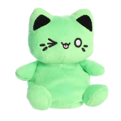 Angled view of Palm Pals Tasty Peach Toxic Green Meowchi 5-inch plush soft toy