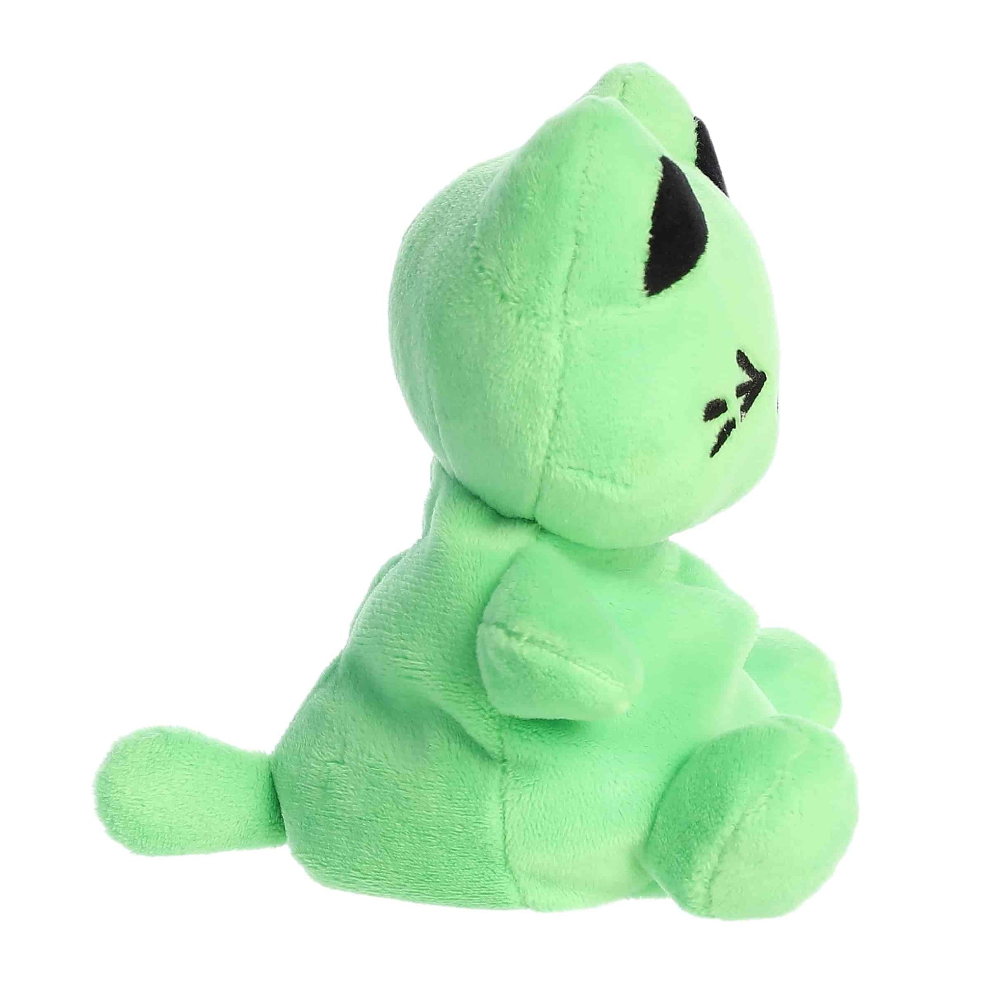 Side view of Palm Pals Tasty Peach Toxic Green Meowchi 5-inch plush soft toy