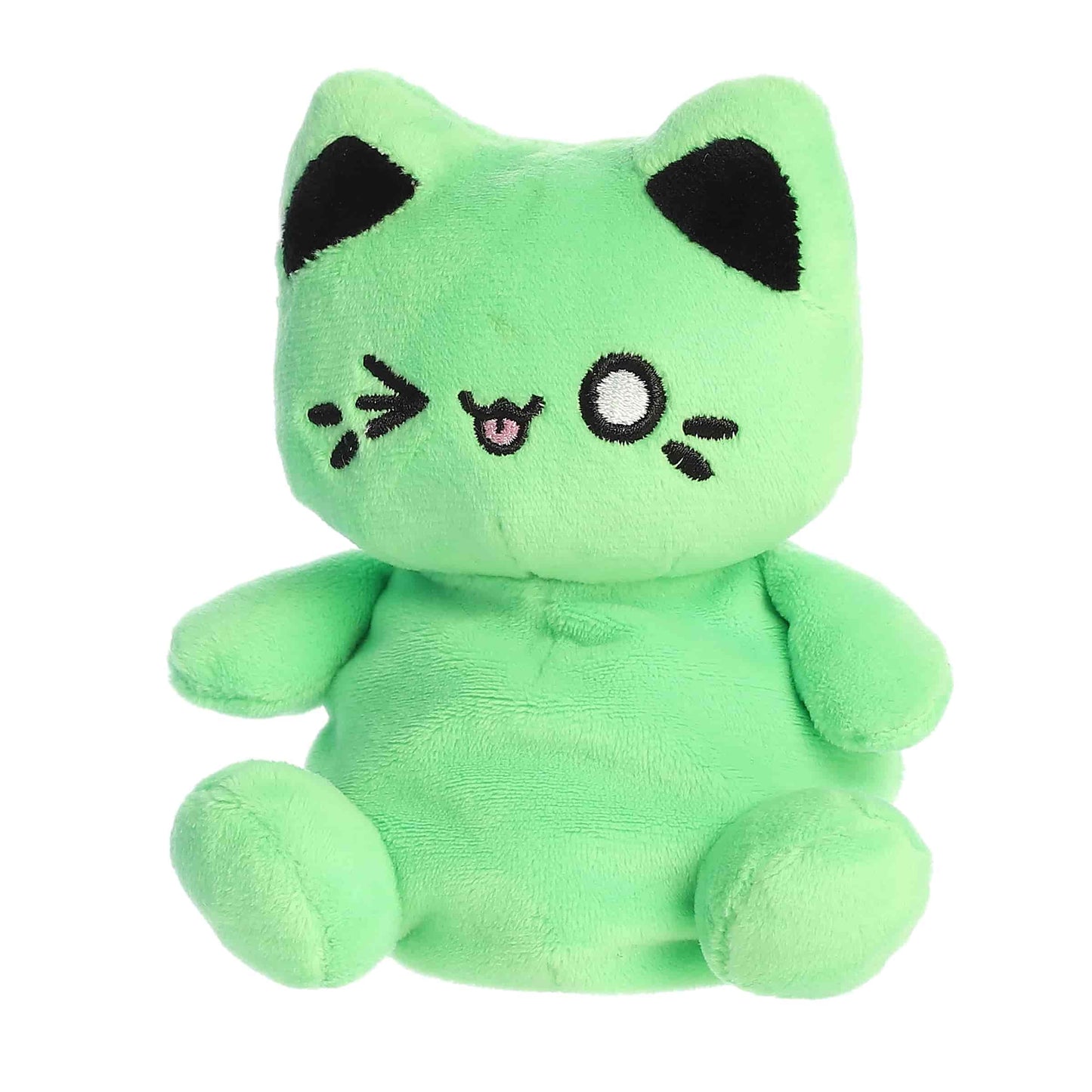 Angled view of Palm Pals Tasty Peach Toxic Green Meowchi 5-inch plush soft toy
