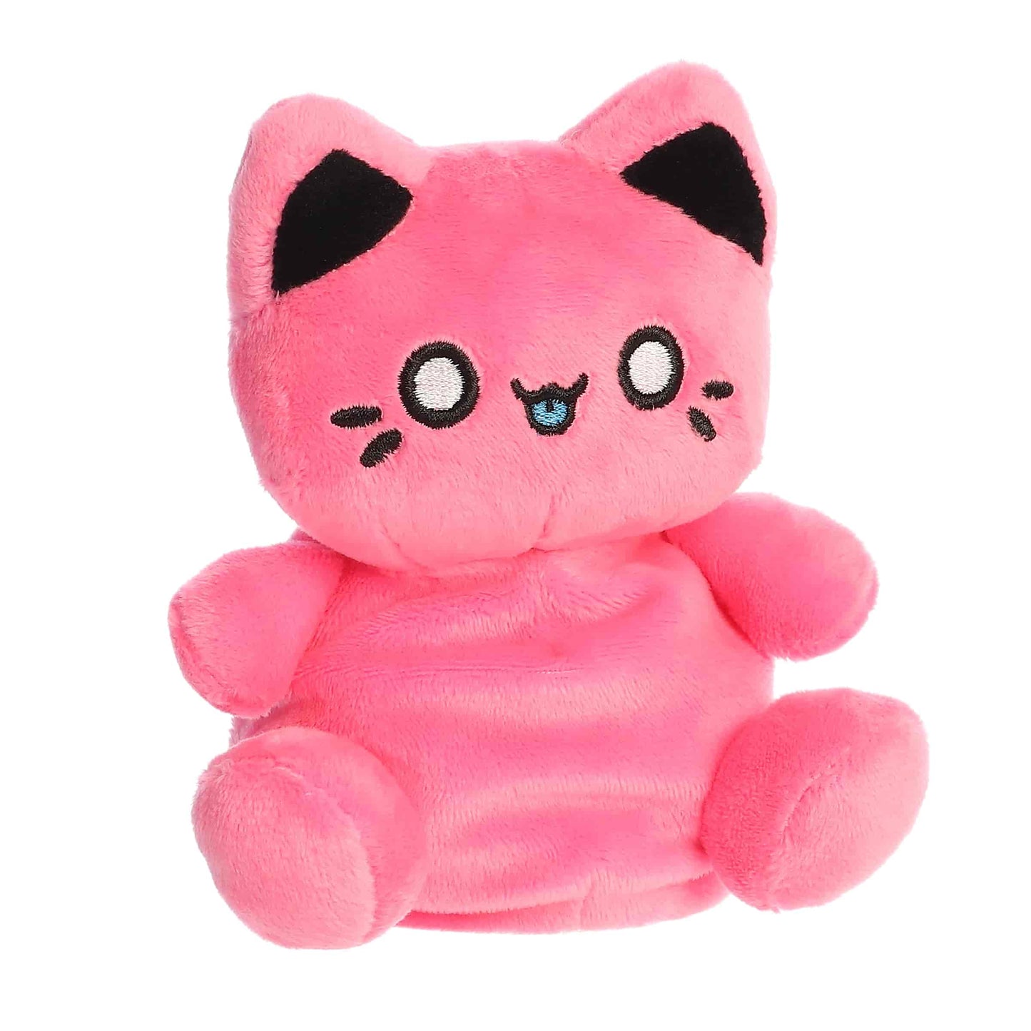 Angled view of Palm Pals Tasty Peach Vivid Pink Meowchi 5-inch plush soft toy