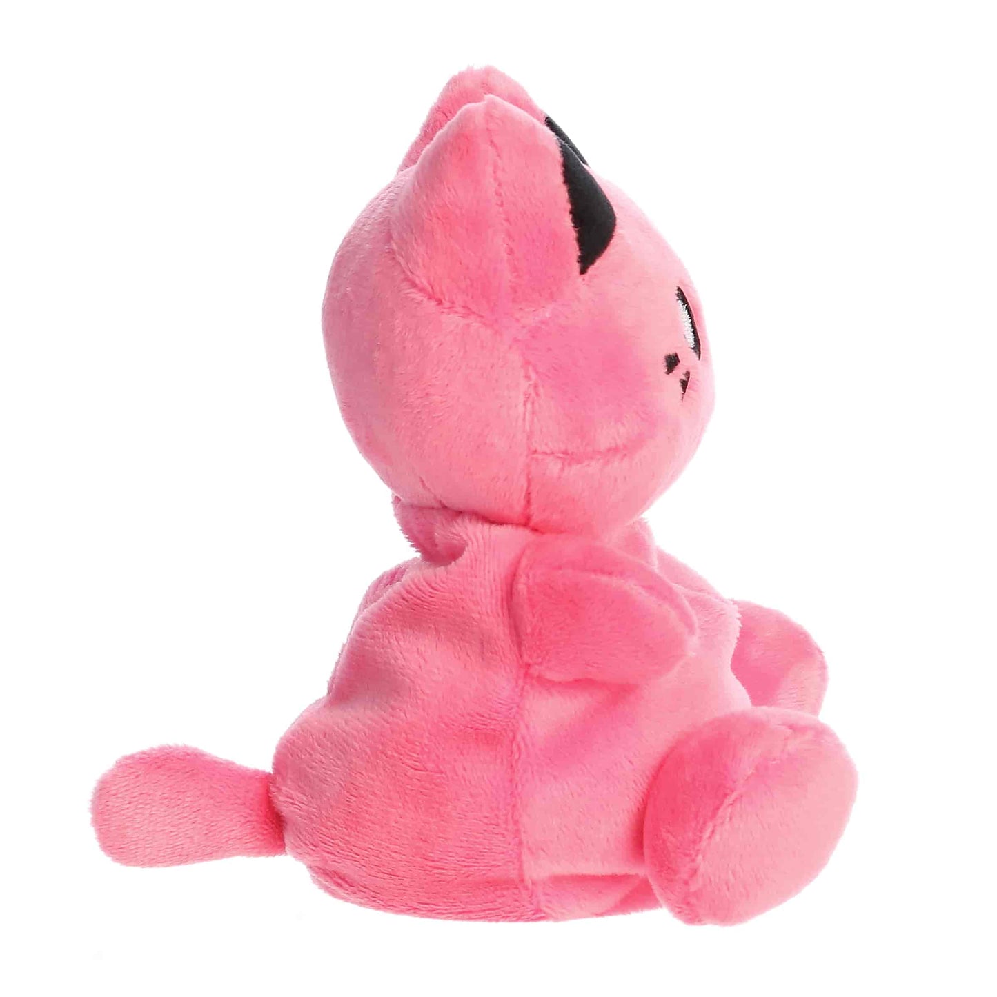 Side view of Palm Pals Tasty Peach Vivid Pink Meowchi 5-inch plush soft toy