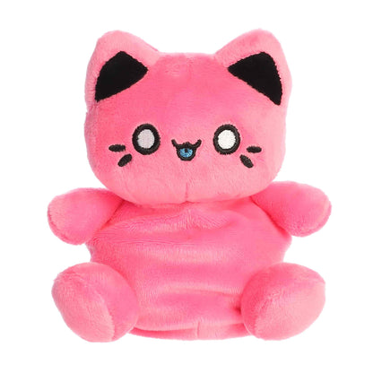 Palm Pals Tasty Peach Vivid Pink Meowchi 5-inch plush soft toy, a bright pink cat with black ears and a playful embroidered face.