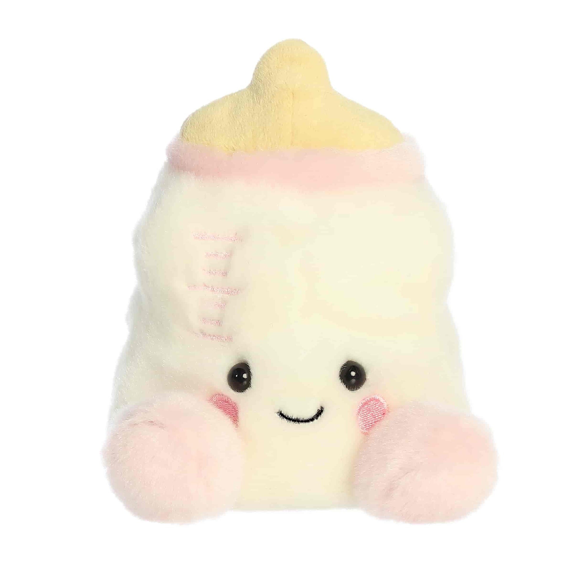 Palm Pals Thea Baby Bottle 5-inch plush soft toy, a white baby bottle with pink accents and a yellow top.