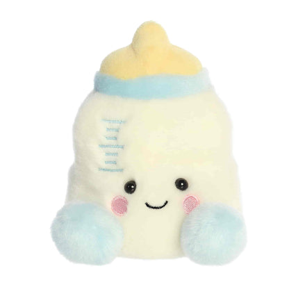 Palm Pals Theo Baby Bottle 5-inch plush soft toy, a white baby bottle with blue accents and a yellow top.
