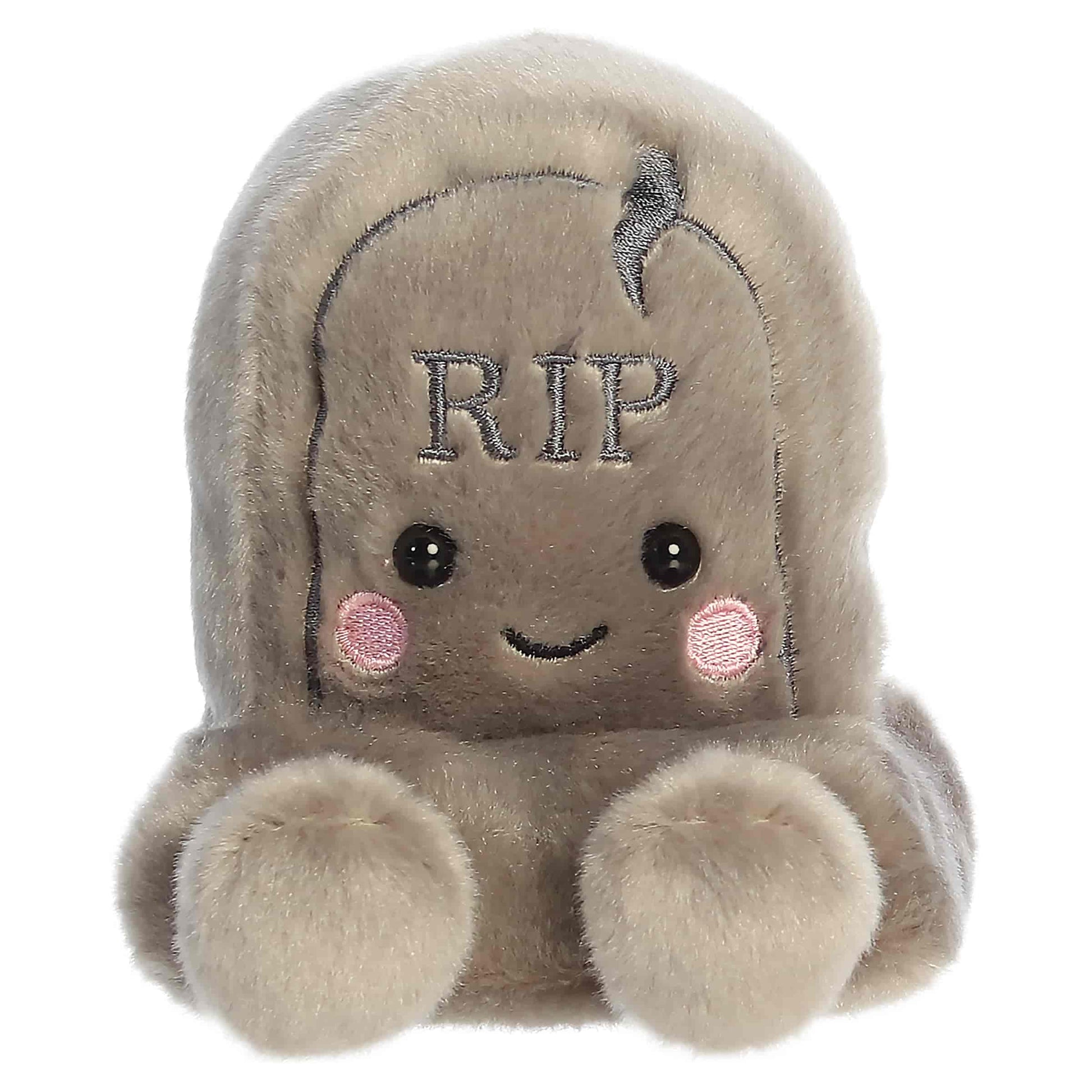 Palm Pals Thom Tombstone 4-inch grey gravestone plush with embroidered RIP lettering, stitched crack detail, and pink cheeks.