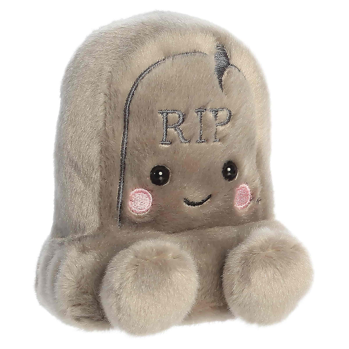 Palm Pals Thom Tombstone 4-inch grey gravestone plush with embroidered RIP lettering, stitched crack detail, and pink cheeks.