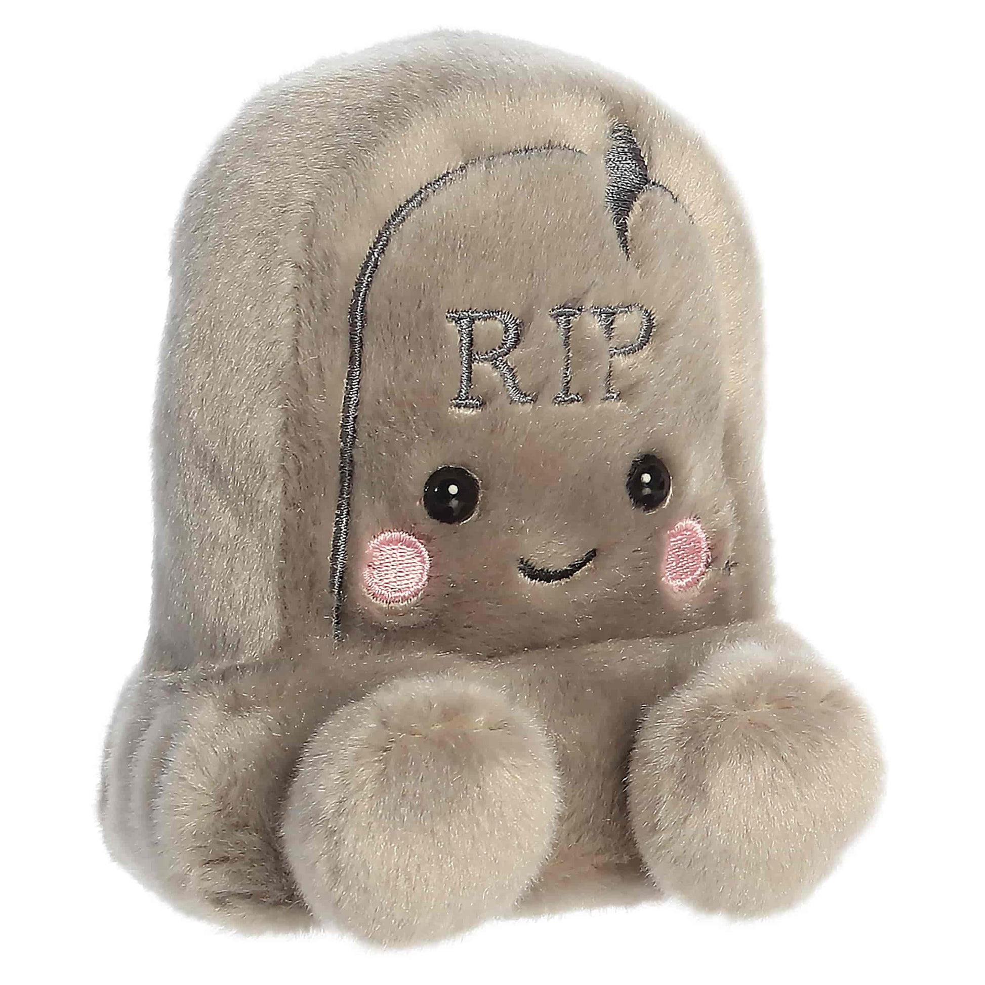Palm Pals Thom Tombstone 4-inch grey gravestone plush with embroidered RIP lettering, stitched crack detail, and pink cheeks.