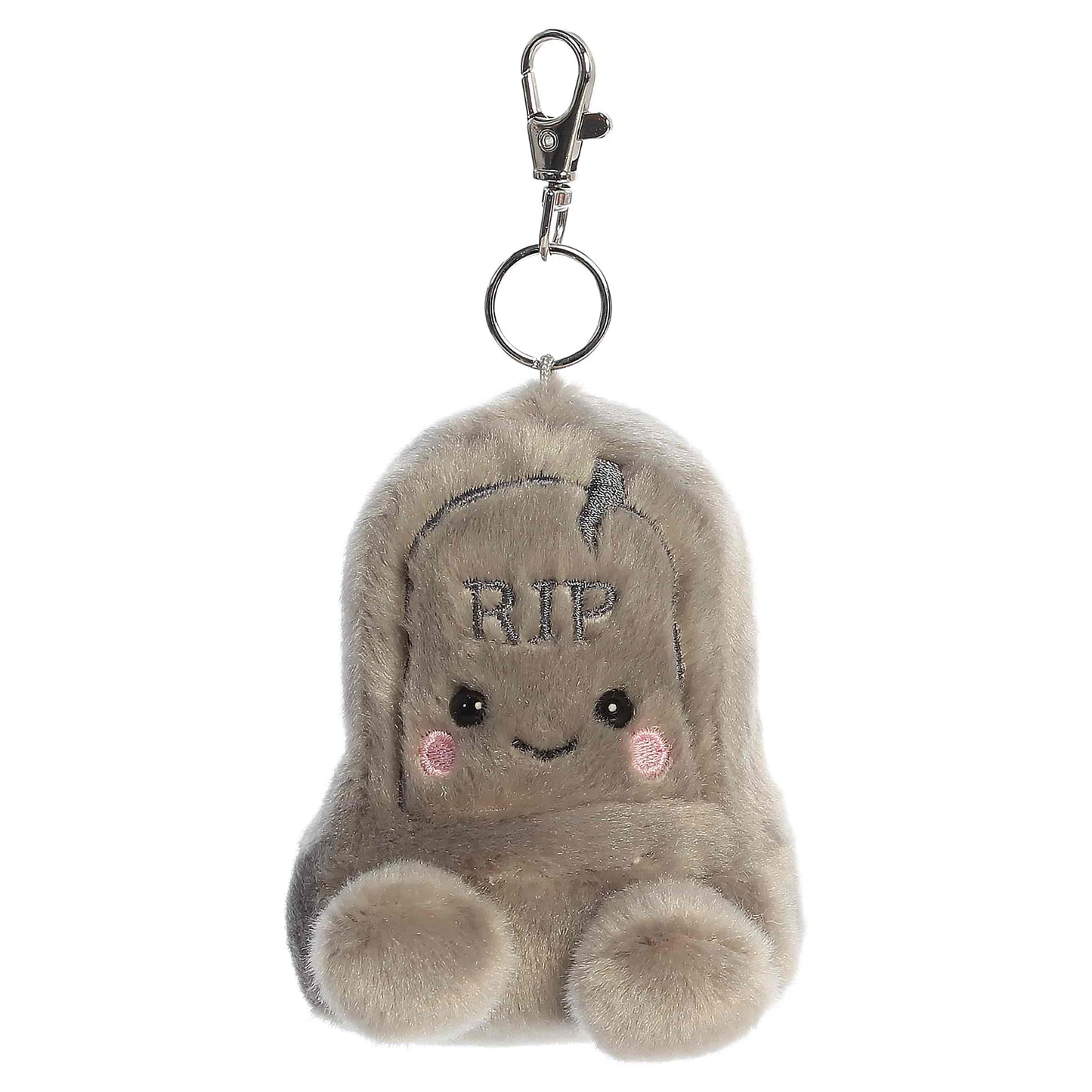 Palm Pals Thom Tombstone 3.5-inch plush clip-on featuring soft gray plush, embroidered RIP text, rosy cheeks, and a silver keychain clip.