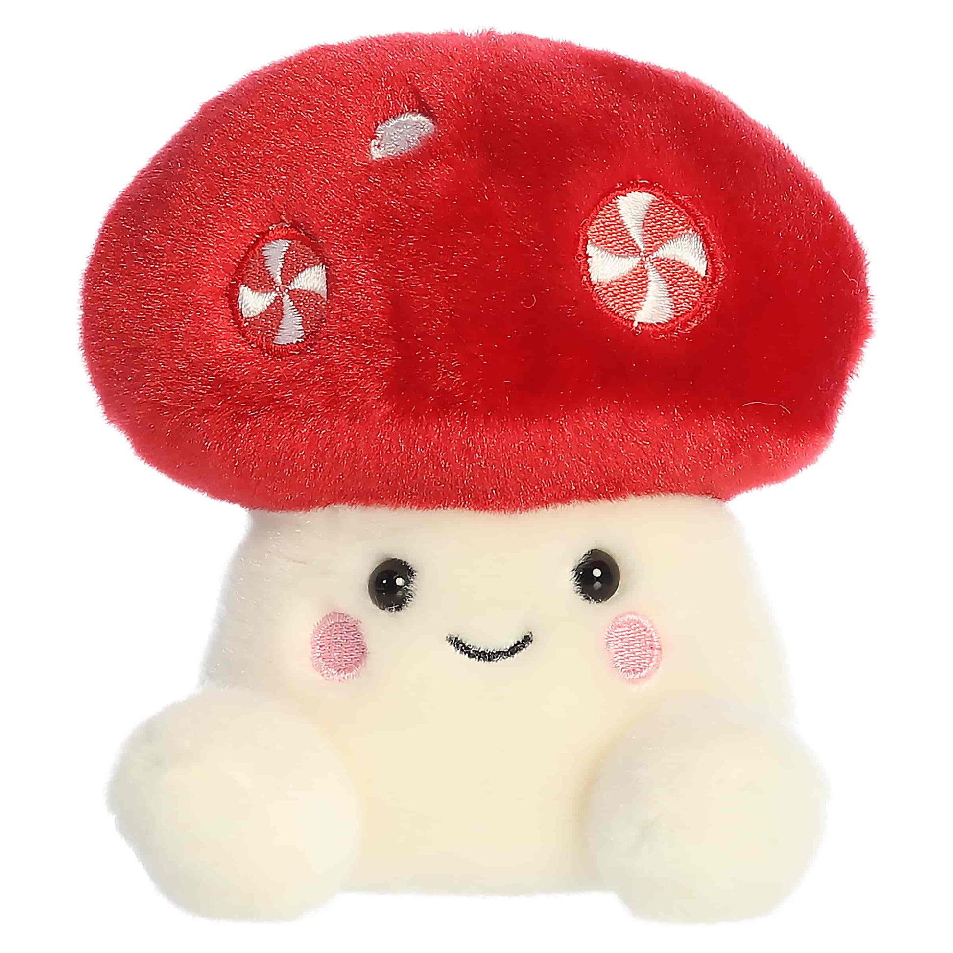 Palm Pals Tim Peppermint Mushroom 4.5-inch plush featuring a red mushroom cap decorated with embroidered peppermint candies and a cream stem.