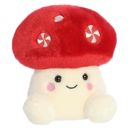Palm Pals Tim Peppermint Mushroom 4.5-inch plush featuring a red mushroom cap decorated with embroidered peppermint candies and a cream stem.