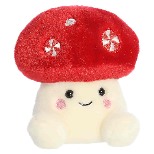 Palm Pals Tim Peppermint Mushroom 4.5-inch plush featuring a red mushroom cap decorated with embroidered peppermint candies and a cream stem.