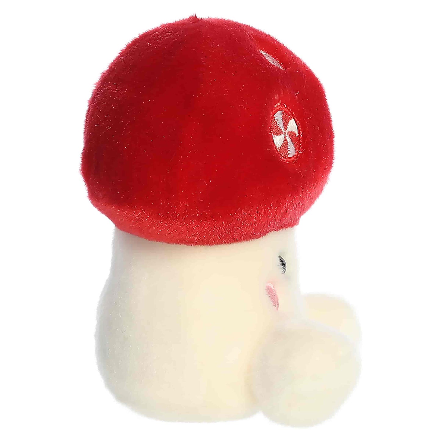 Palm Pals Tim Peppermint Mushroom 4.5-inch plush featuring a red mushroom cap decorated with embroidered peppermint candies and a cream stem.