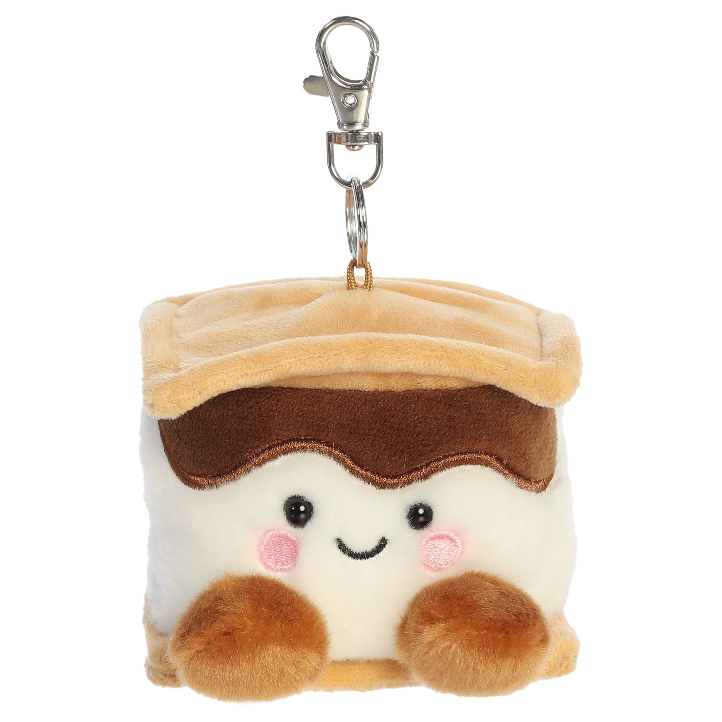Palm Pals Toastee S'more Clip-On plush toy featuring graham cracker, chocolate, and marshmallow layers with a smiling face and metal keychain clip.
