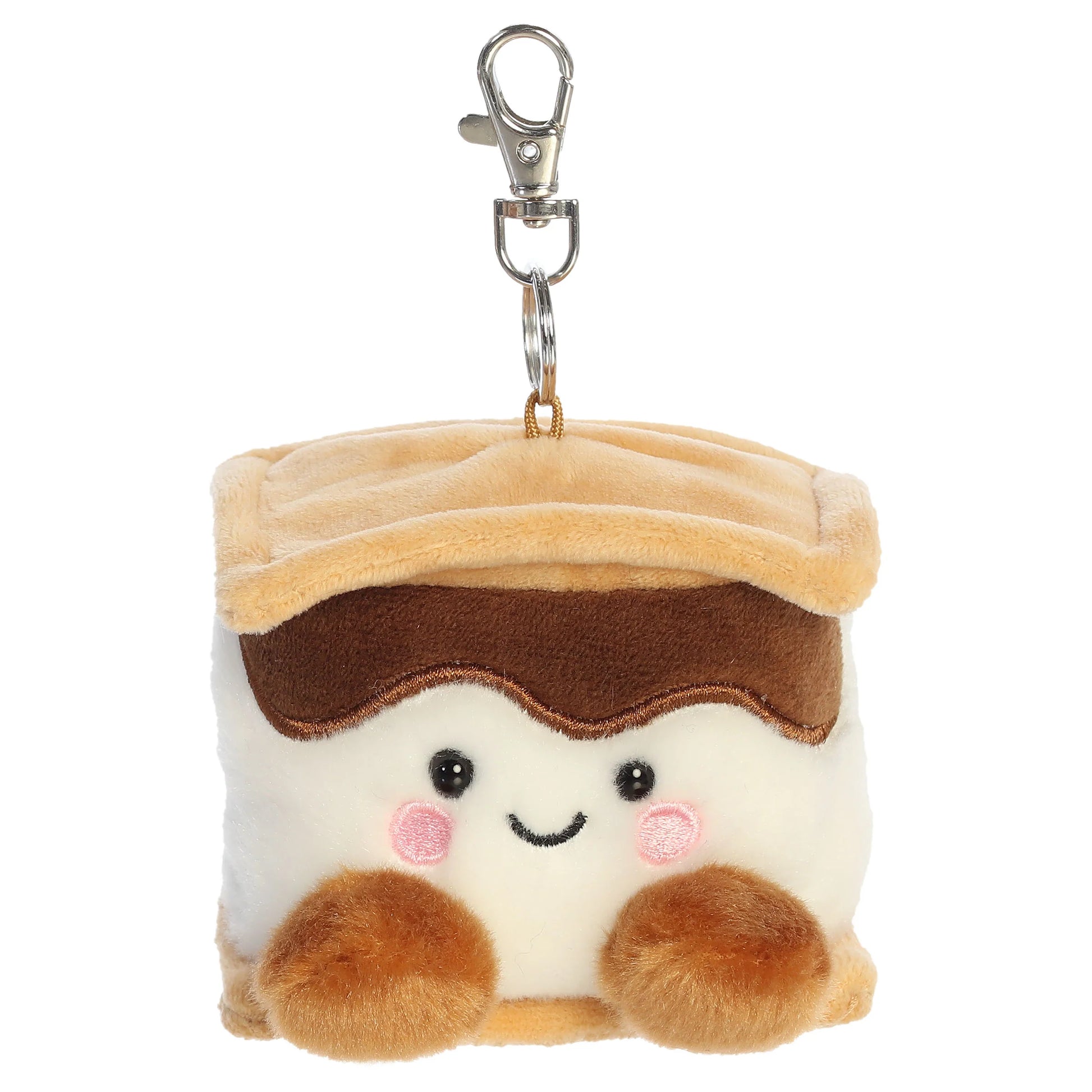 Palm Pals Toastee S'more Clip-On plush toy featuring graham cracker, chocolate, and marshmallow layers with a smiling face and metal keychain clip.