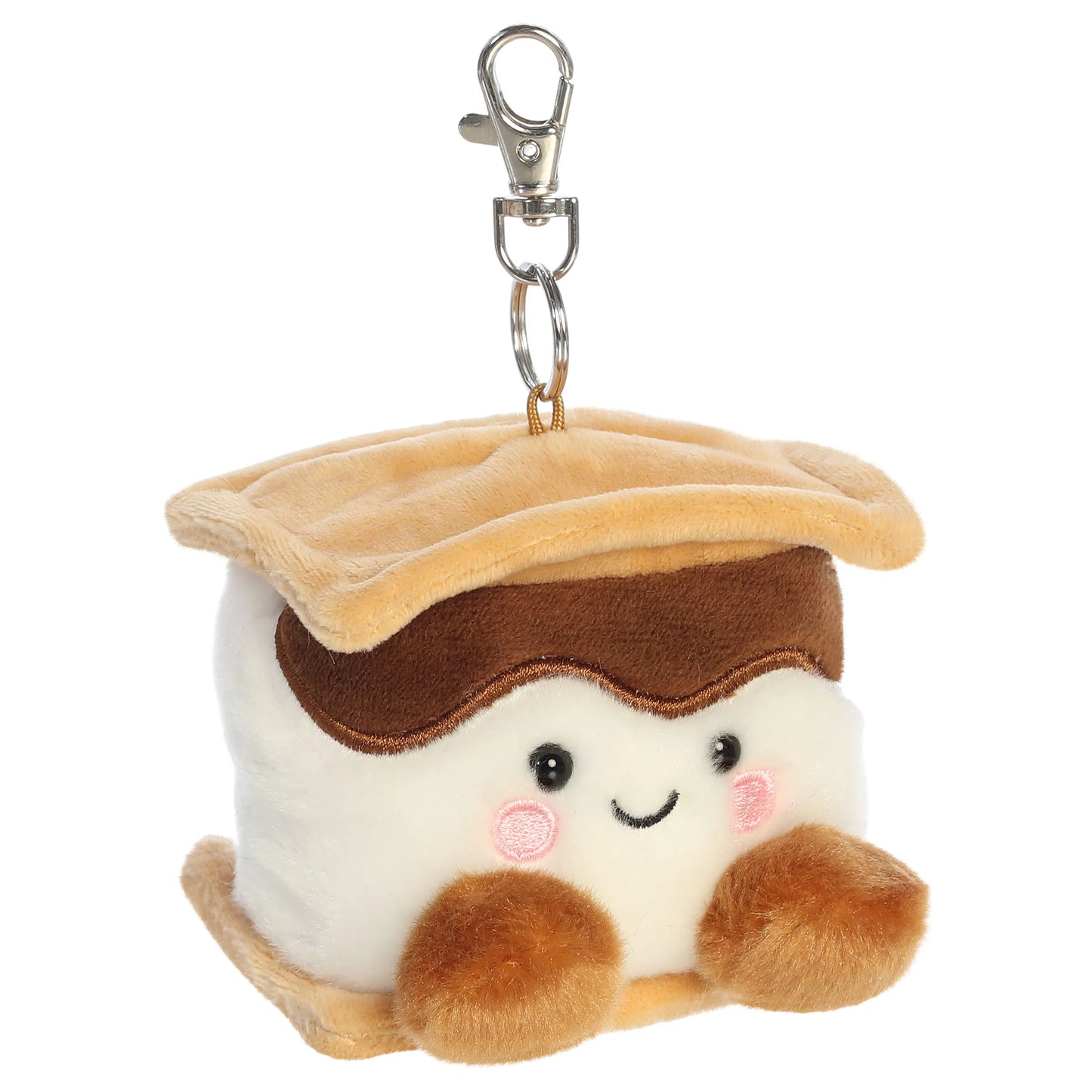 Palm Pals Toastee S'more Clip-On plush toy featuring graham cracker, chocolate, and marshmallow layers with a smiling face and metal keychain clip.