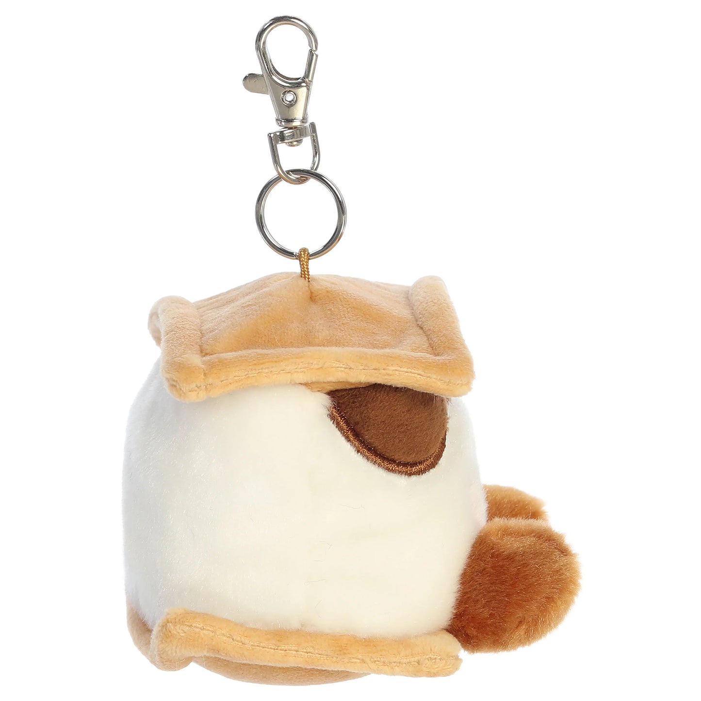 Palm Pals Toastee S'more Clip-On plush toy featuring graham cracker, chocolate, and marshmallow layers with a smiling face and metal keychain clip.
