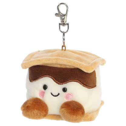 Palm Pals Toastee S'more Clip-On plush toy featuring graham cracker, chocolate, and marshmallow layers with a smiling face and metal keychain clip.