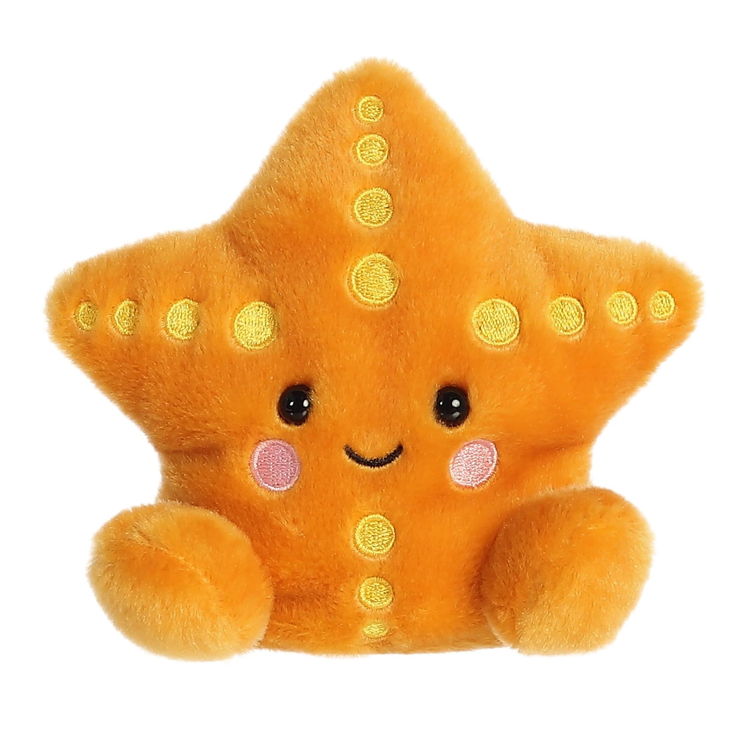 Palm Pals Treasure Starfish 5-inch plush soft toy, an orange starfish with yellow spots and a happy smile.