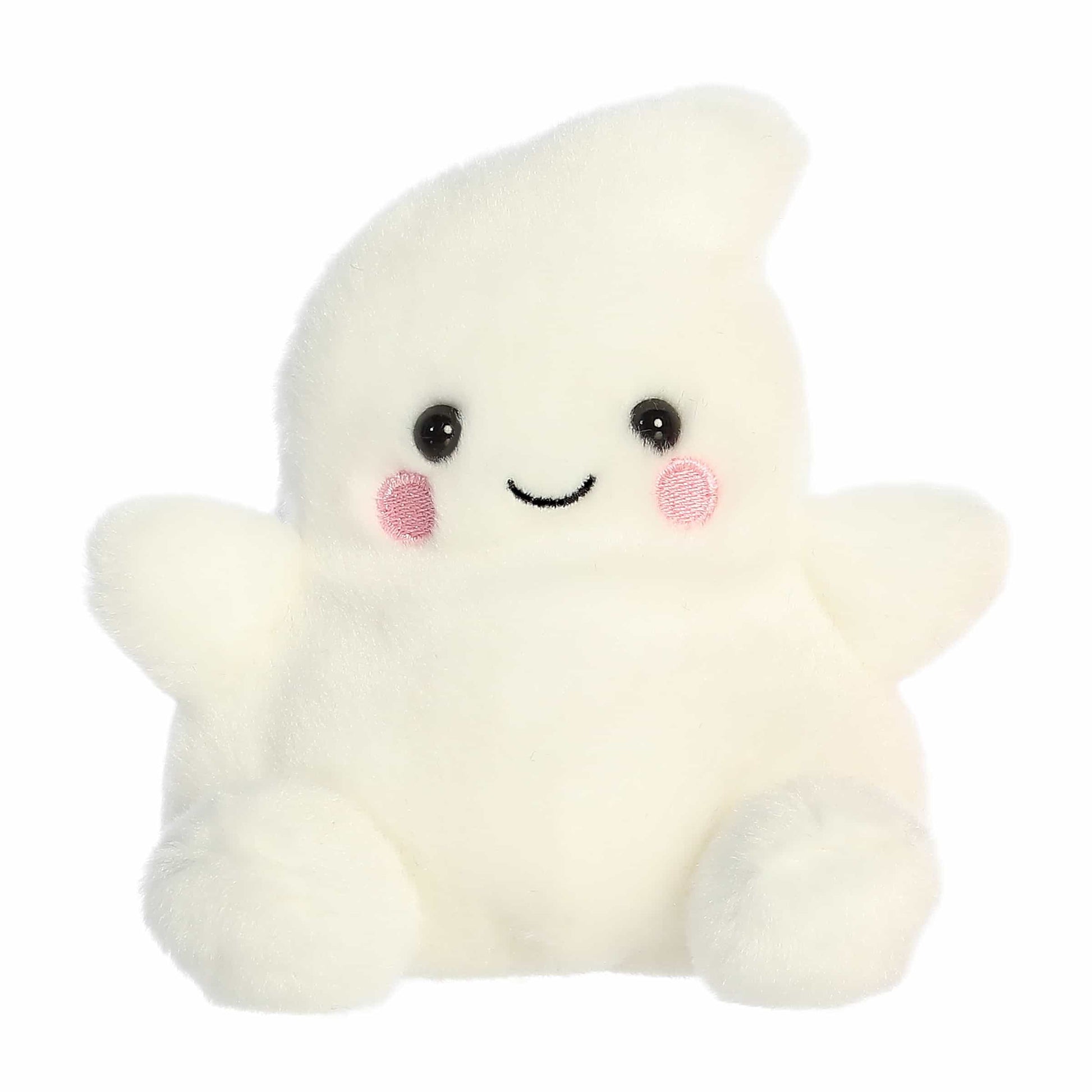 Palm Pals Tricks Ghost 5-inch plush featuring a creamy white body with outstretched arms, pink cheeks, and a smiling face.