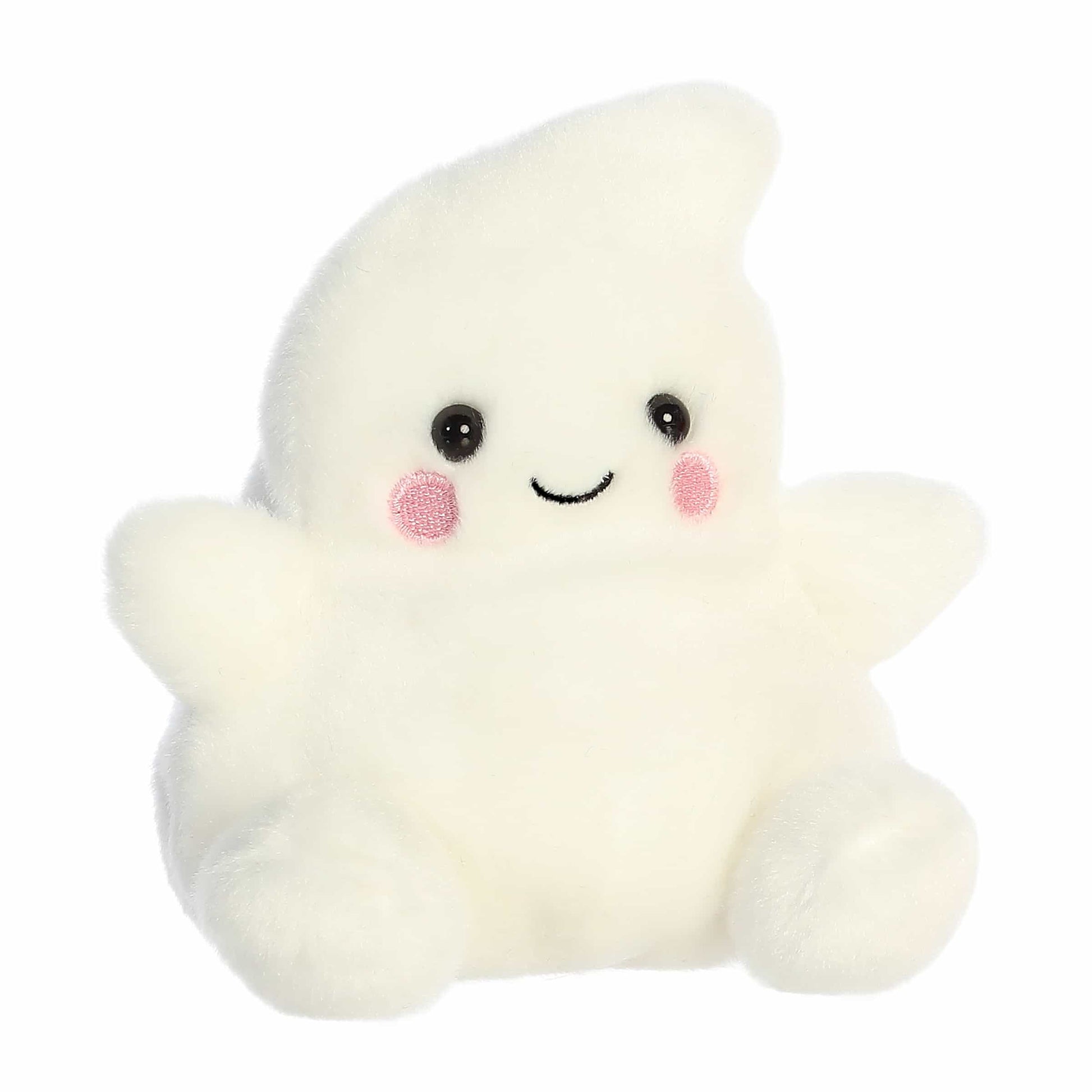 Palm Pals Tricks Ghost 5-inch plush featuring a creamy white body with outstretched arms, pink cheeks, and a smiling face.