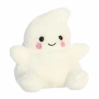 Palm Pals Tricks Ghost 5-inch plush featuring a creamy white body with outstretched arms, pink cheeks, and a smiling face.