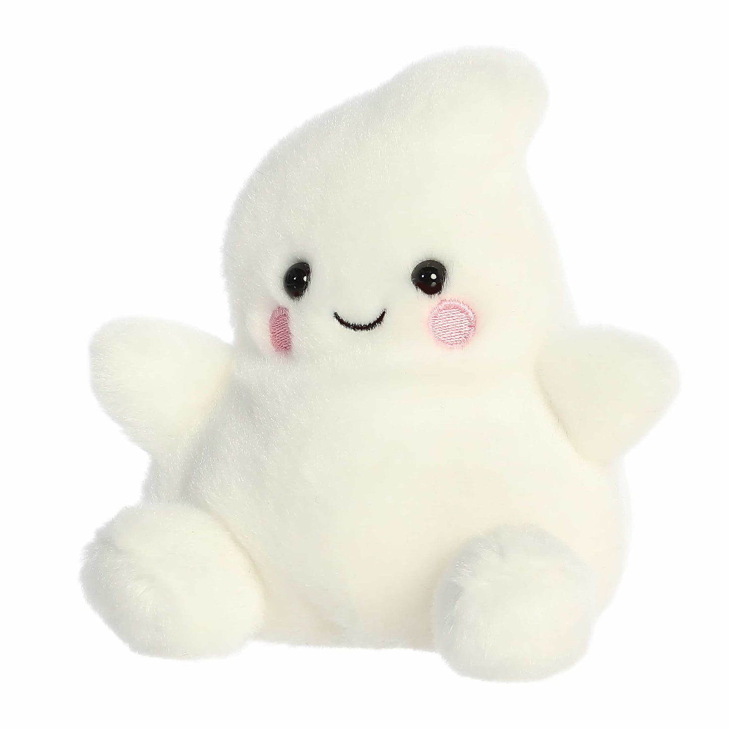 Palm Pals Tricks Ghost 5-inch plush featuring a creamy white body with outstretched arms, pink cheeks, and a smiling face.