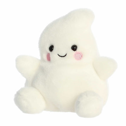 Palm Pals Tricks Ghost 5-inch plush featuring a creamy white body with outstretched arms, pink cheeks, and a smiling face.
