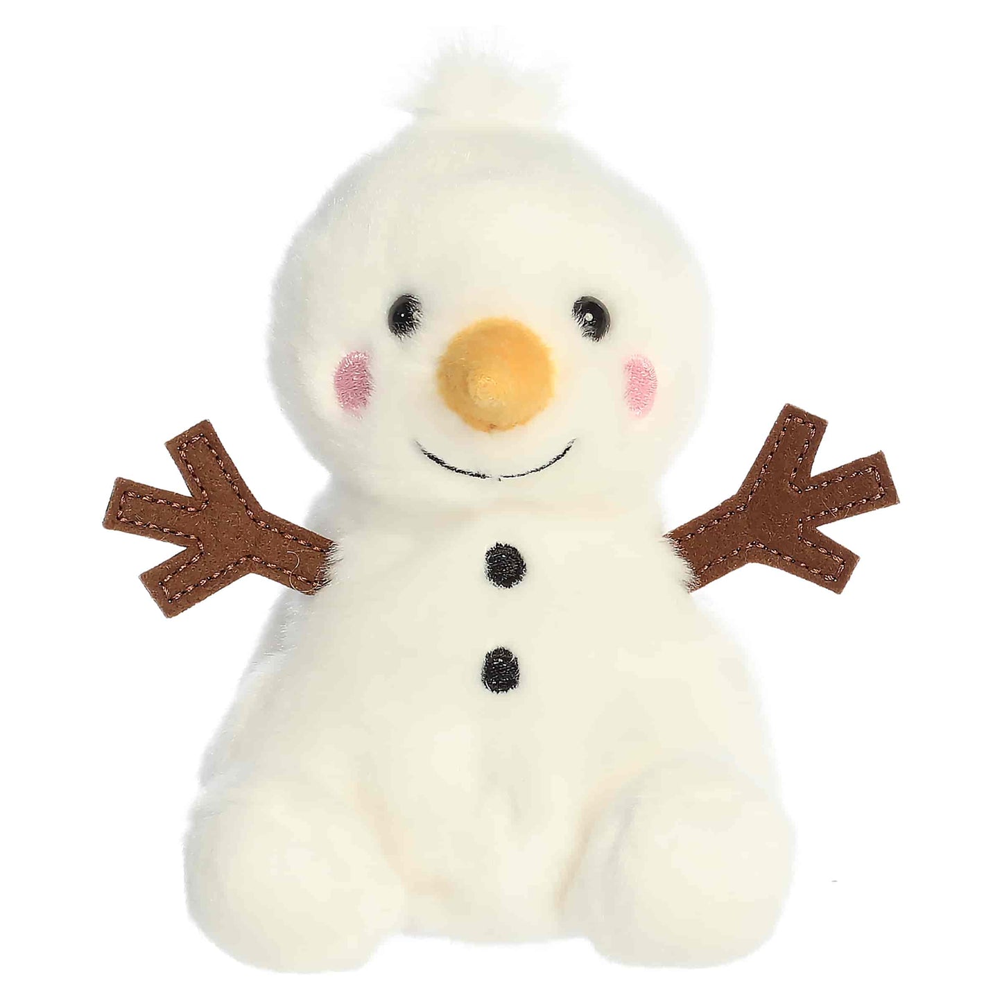 Palm Pals Twig Snowman 5-inch white plush snowman with felt twig arms, an orange carrot nose, black coal buttons, and pink cheeks.