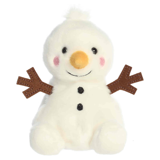 Palm Pals Twig Snowman 5-inch white plush snowman with felt twig arms, an orange carrot nose, black coal buttons, and pink cheeks.