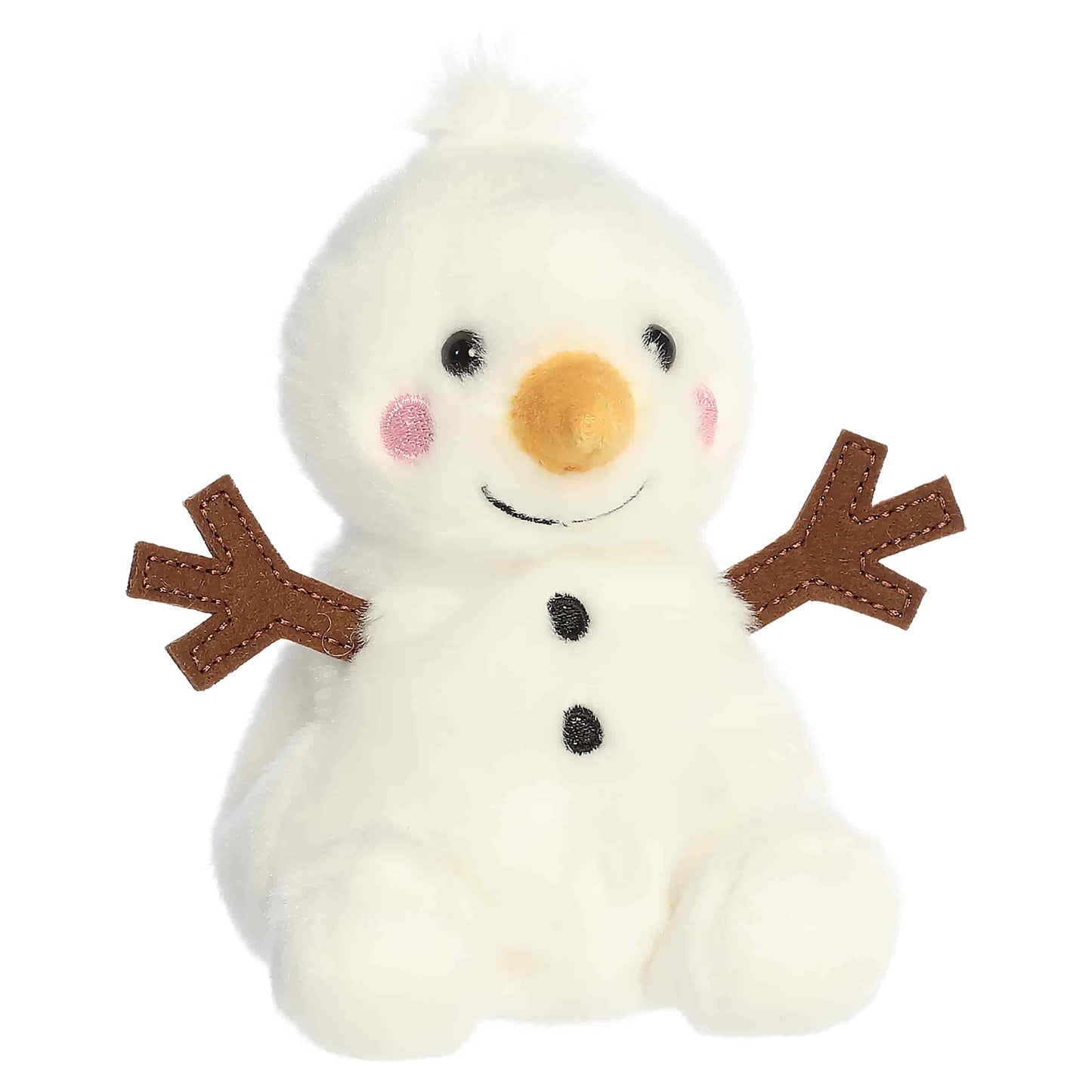 Palm Pals Twig Snowman 5-inch white plush snowman with felt twig arms, an orange carrot nose, black coal buttons, and pink cheeks.