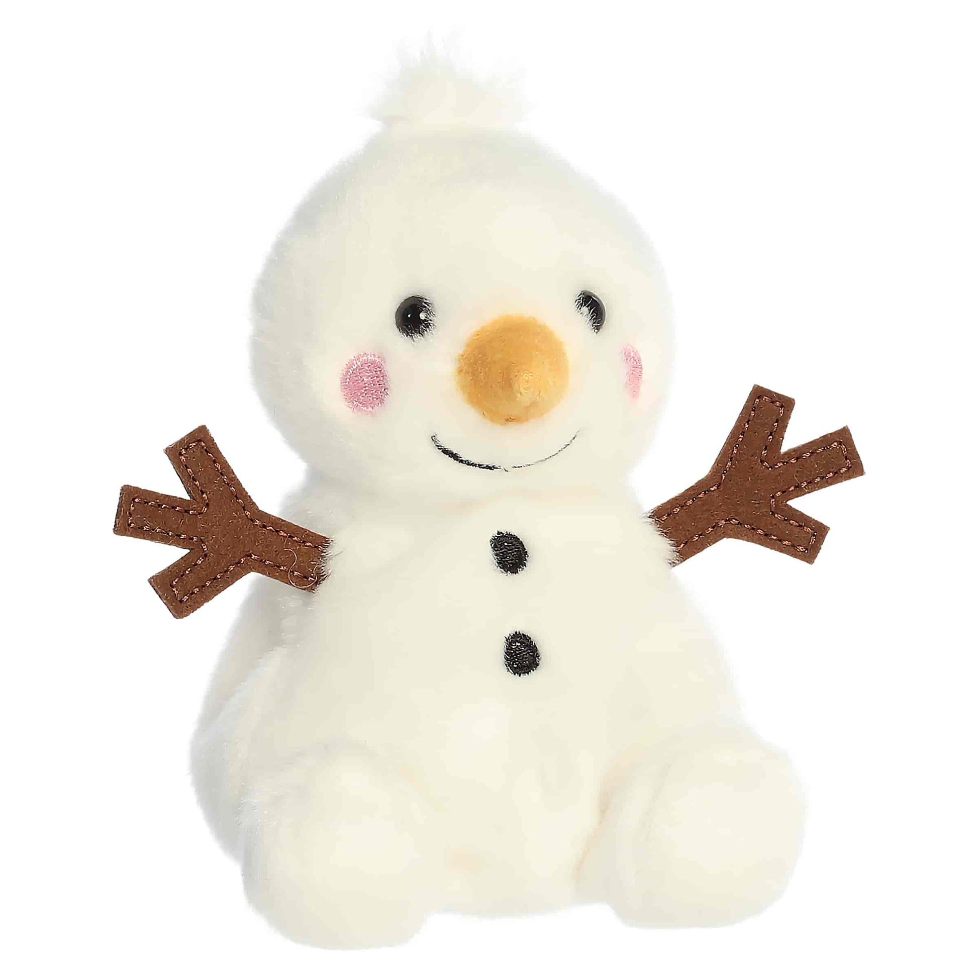 Palm Pals Twig Snowman 5-inch white plush snowman with felt twig arms, an orange carrot nose, black coal buttons, and pink cheeks.